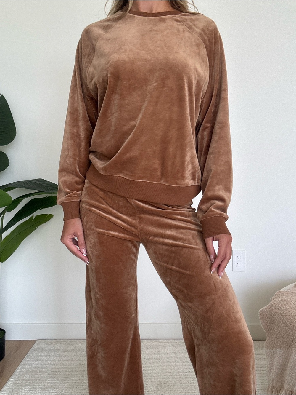 Splits59 Women's Wide Leg Velour Set in Camel Brown